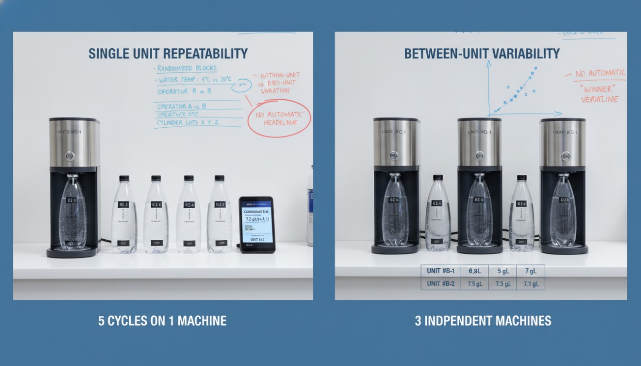 Diagram comparing repeated cycles on one soda maker with variation across three independent machines.
